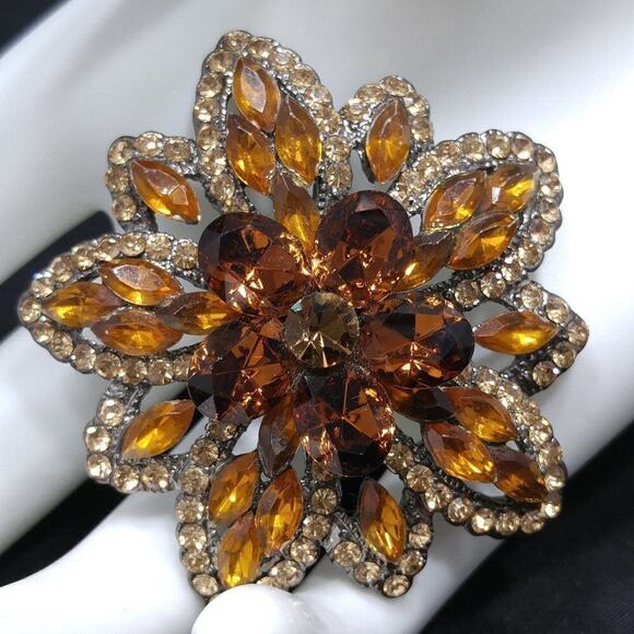Vintage Floral Light Dark Topaz Rhinestones Brooch Pendant Combo, 1990s, 2 Inch - Picture 1 of 7